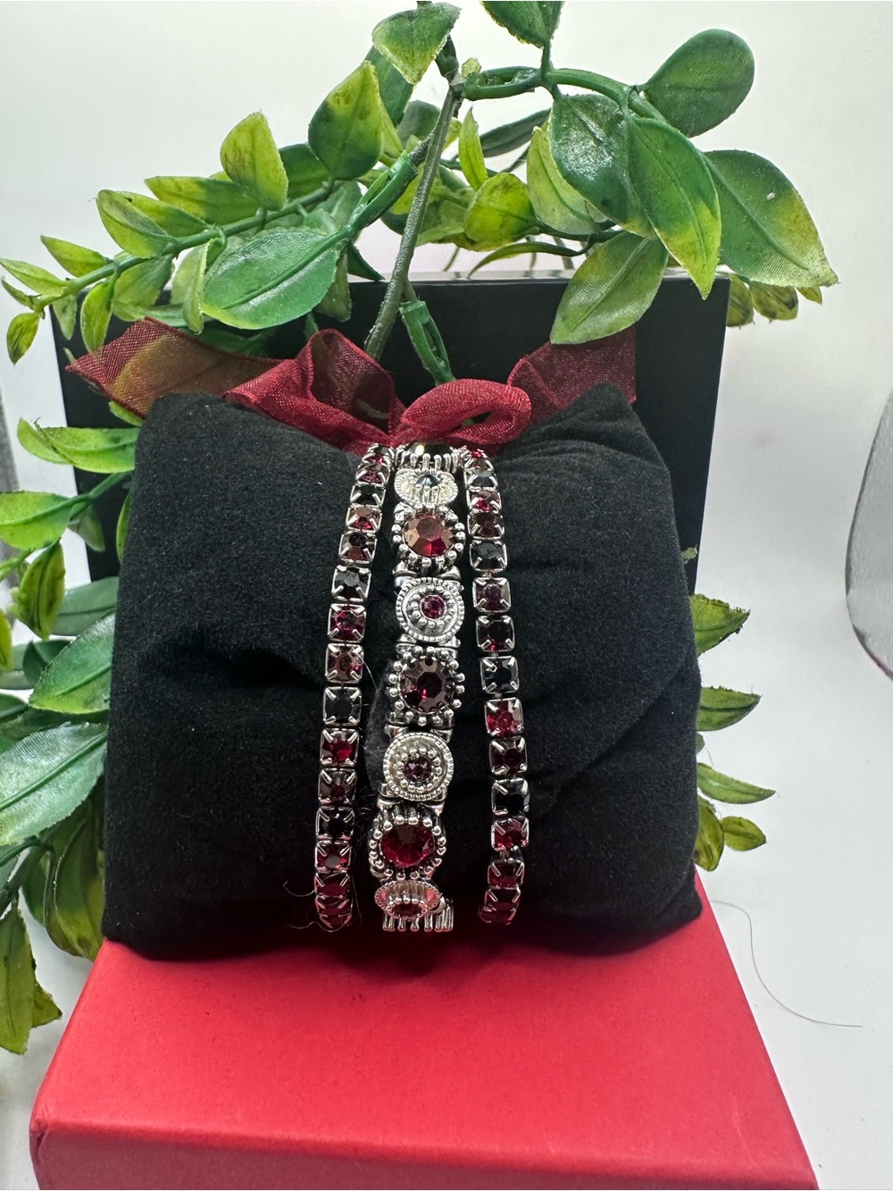 Elegant Burgundy Crystal 3 piece Tennis Bracelet - Women Jewelry